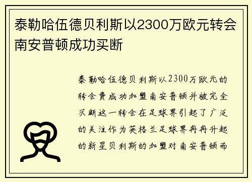 泰勒哈伍德贝利斯以2300万欧元转会南安普顿成功买断 泰勒哈伍德贝利斯以2300万欧元转会南安普顿成功买断